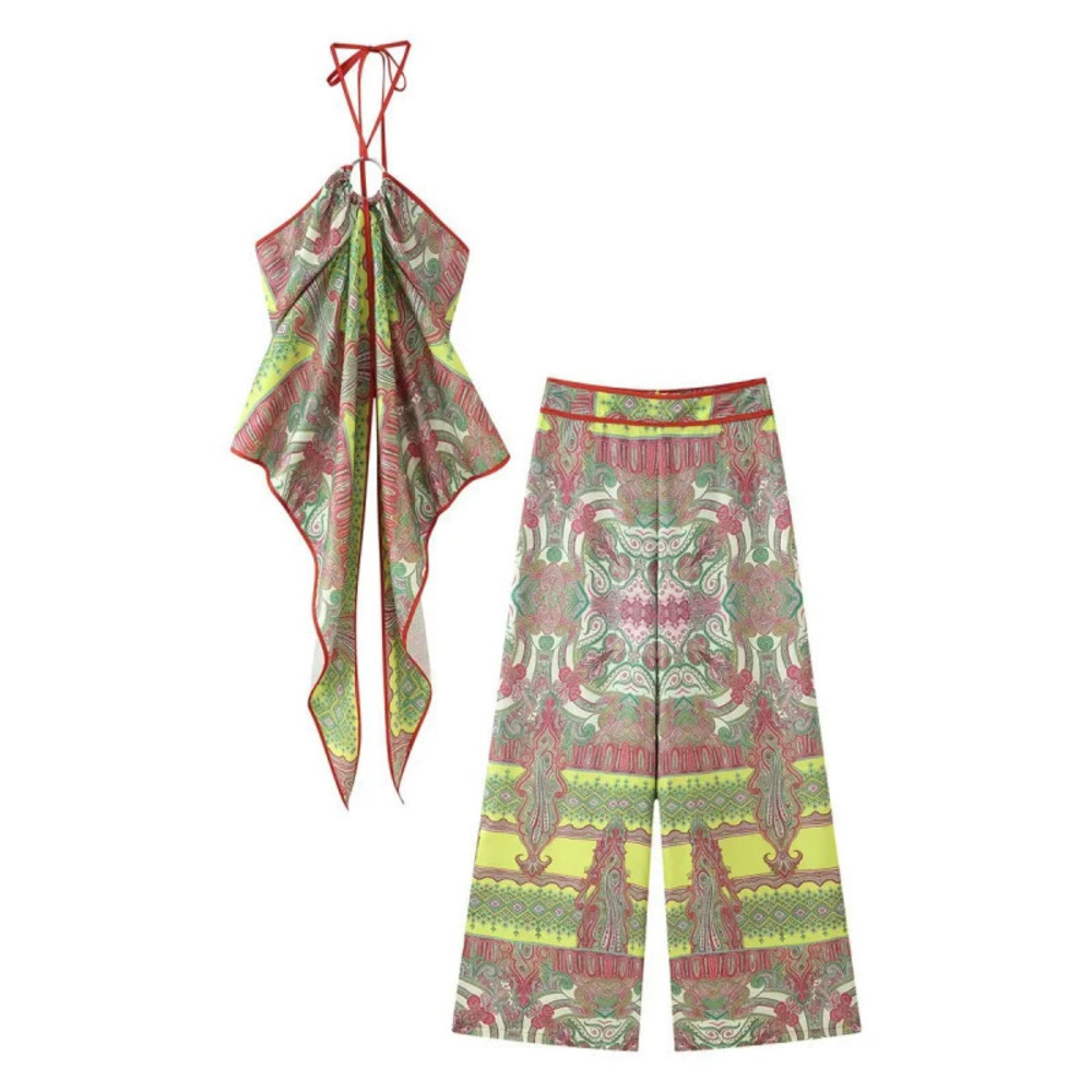 ZARA Jellyfish Fringe Halter Top Wide Leg Pants Set